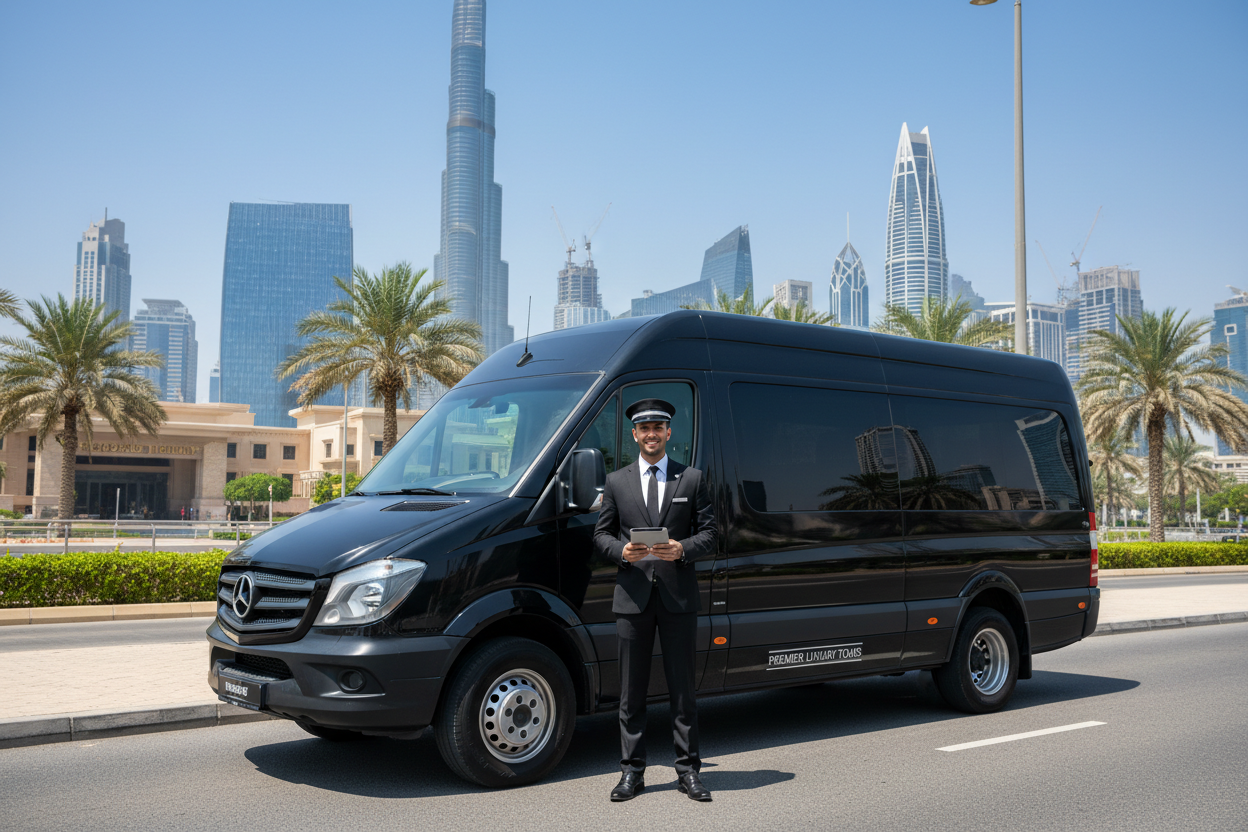 black mercedes sprinter with driver in dubai of alalali-tahir-tours