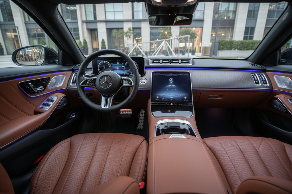 Luxury car interior with orange-brown leather seats, a black dashboard, and blue ambient lighting, photographed from the open driver's side door. Mercedes-Benz branding is visible on the steering wheel and door sill.