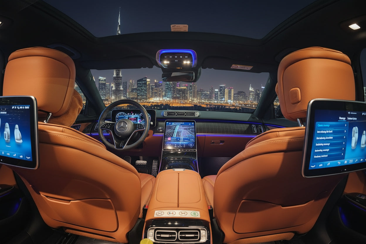 Luxury car interior with orange-brown leather seats, rear entertainment screens mounted on the backrests, a center console armrest with controls, and two beverage bottles on a cup holder in the foreground.