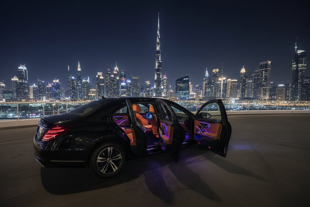 A luxury black sedan shown from the rear three-quarter angle with the door open, revealing a bright orange leather interior with purple ambient lighting and rear entertainment screens, photographed in a parking structure.
