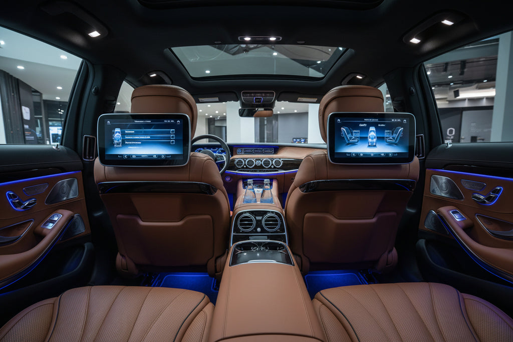 Luxury car interior with tan leather seats, rear entertainment screens, ambient blue lighting, and a center console with bottle holders and a small display screen.