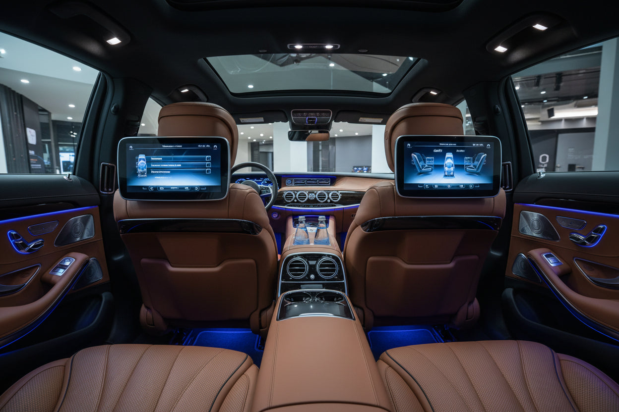 Luxury car interior with tan leather seats, rear entertainment screens, ambient blue lighting, and a center console with bottle holders and a small display screen.
