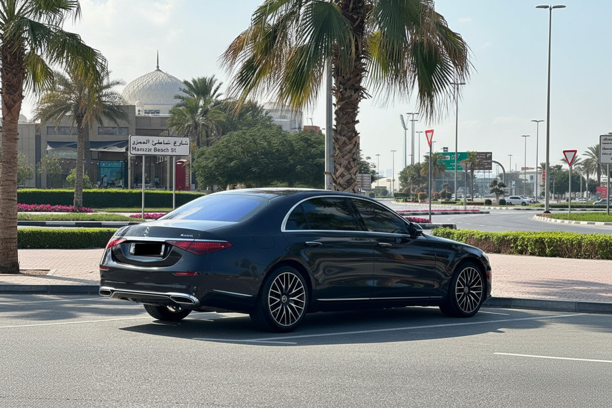 A dark gray Mercedes-Benz S-Class sedan parked on an outdoor road with palm trees, buildings, and a clear sky in the background.