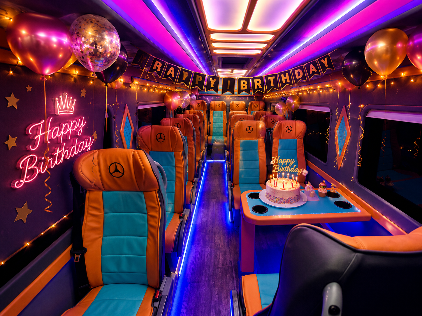 Luxury Mercedes Sprinter Party Bus – Birthday & Wedding Celebrations in Dubai