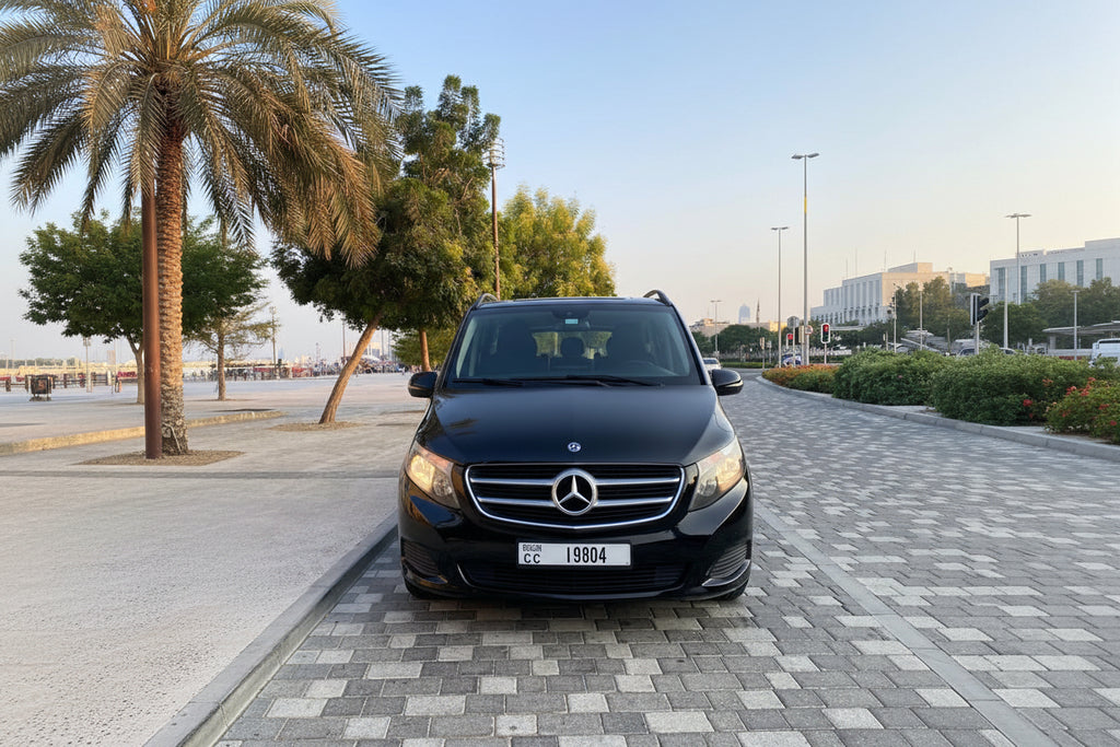 A black Mercedes-Benz minivan parked on a paved street outdoors, with palm trees, buildings, and a clear sky in the background.
